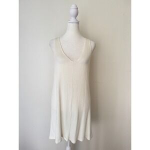Reformation Ivory Ribbed Knit Mini Dress Sz L V Neck Tank Lounge Casual Made USA